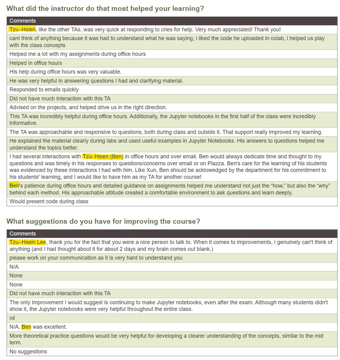 Screenshot of TA Feedback